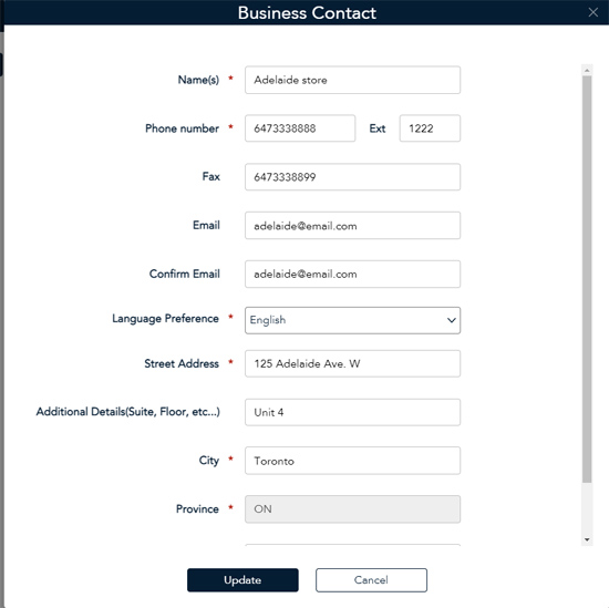 Business Contact Screen enables you to update business contact details. 